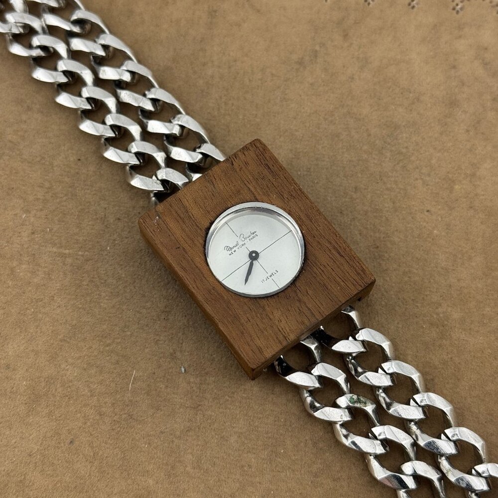 Vintage Marcel Boucher Round Double Cuban Chain Wood Bezel 17 Jewel Watch